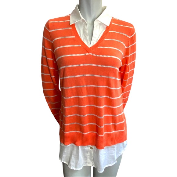 Foxcroft Sweaters - Foxcroft Orange White Cotton Blend Fooler Collared/Shirttail Sweater Size Medium